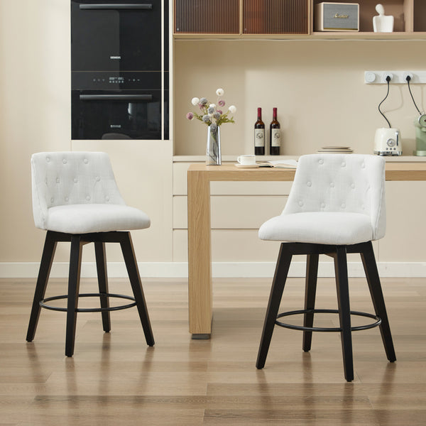English Elm 007-360° Swivel Bar Stools Set of 2 25" Counter Height Linen Tufted Back Solid Wood Frame Durable Upholstery White W2636P242111