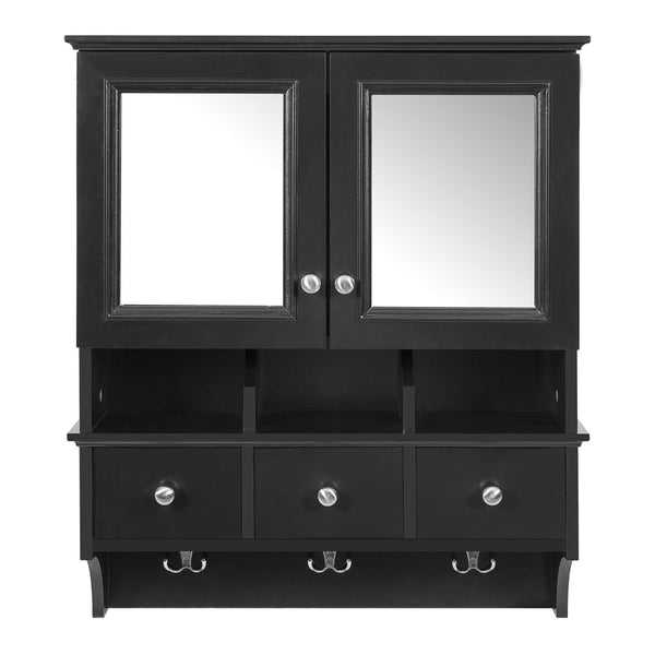 English Elm 4-in-1 Wall Mounted Bathroom Cabinet with Mirror Drawers and Towel Hooks Vanity Black N710P405416B