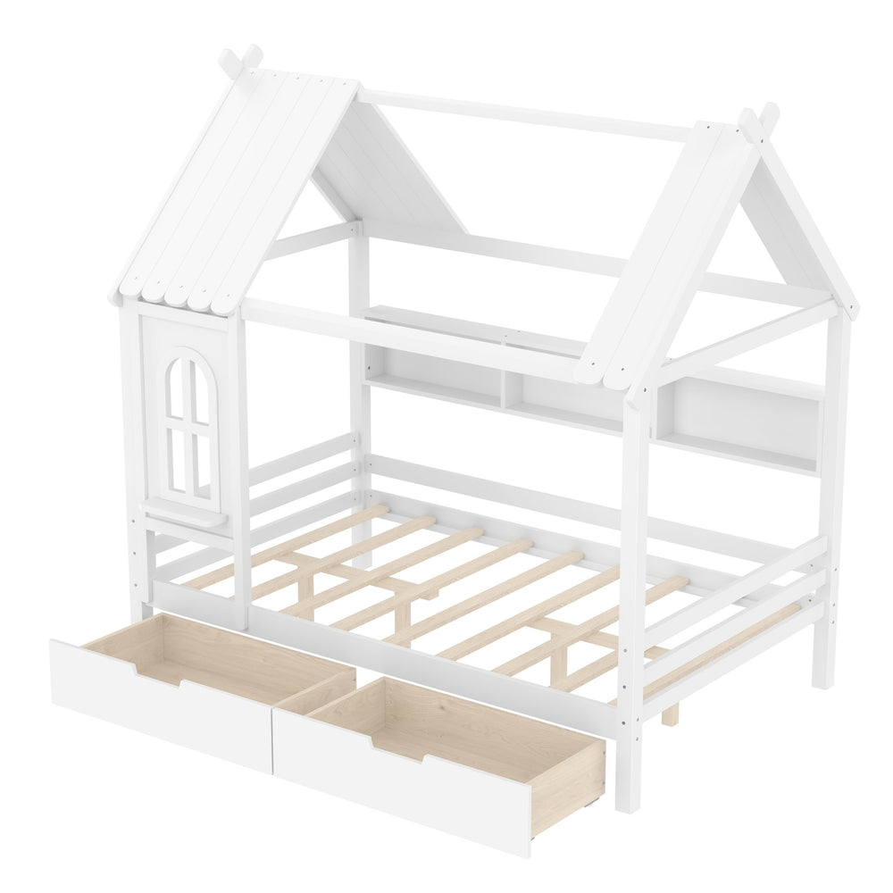 English Elm Full House Solid Wood Platform Bed with Window Roof, Under-Bed Drawers & Shelves for Kids' Rooms Light White W1580S00267