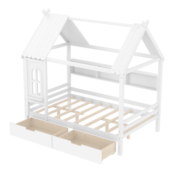 English Elm Full House Solid Wood Platform Bed with Window Roof, Under-Bed Drawers & Shelves for Kids' Rooms Light White W1580S00267