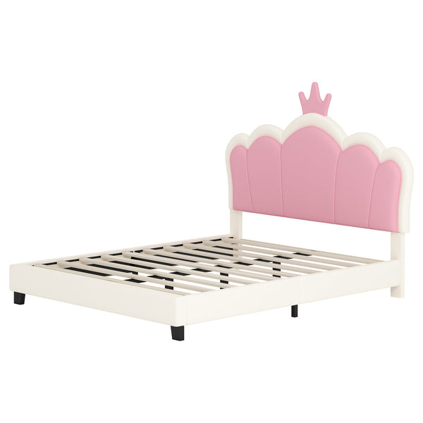 English Elm Full Upholstered Princess Bed with Crown Headboard — Sturdy Full Platform Bed for Girls, 500lb Capacity Cream 58.86 L x 25.98 W x 6.5 H N733P180808K