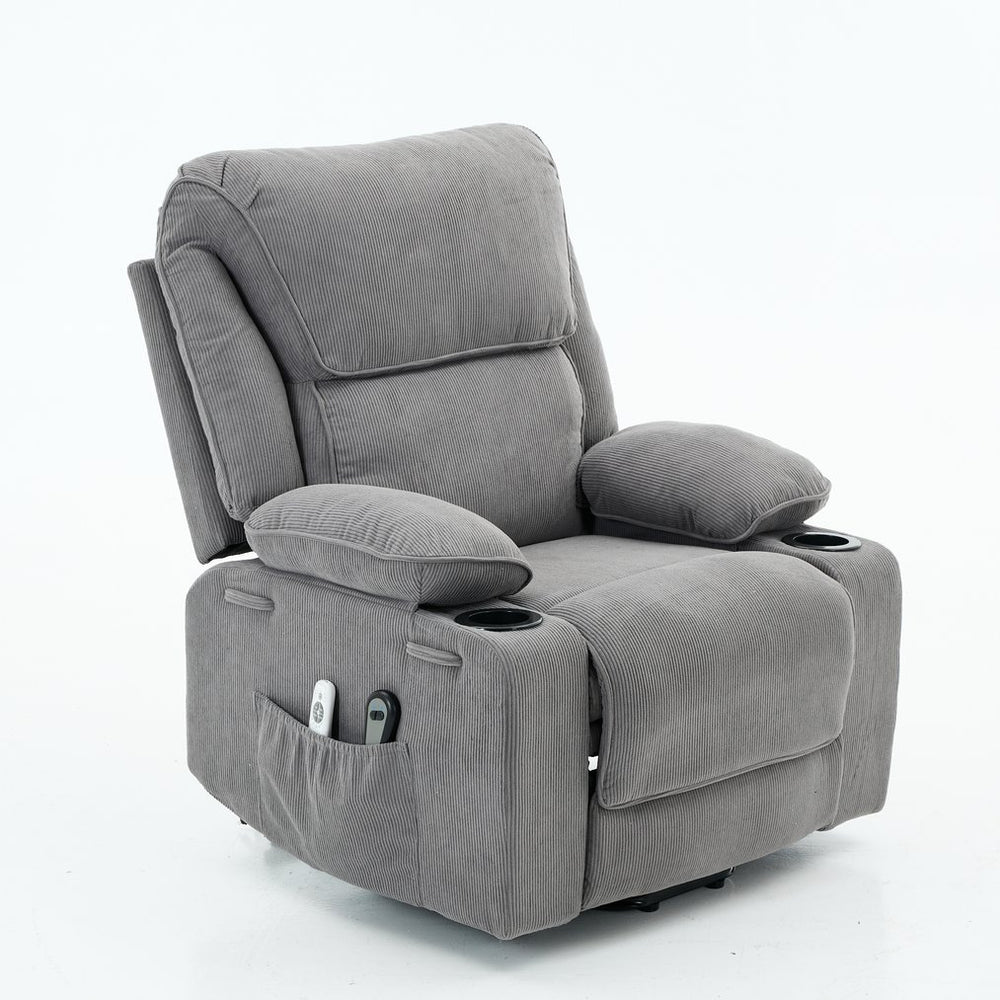 English Elm Gray Corduroy Recliner with Heated Massage, Remote & Assistive Lift, Cup Tray for Seniors Comfort W570P320447