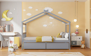 English Elm Twin House Bed Solid Pine Kids Cottage Frame with Storage Drawers Imaginative Room Gray N708P309245E