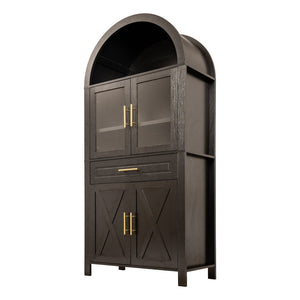 English Elm 71" Arched Glass Barn Door Pantry Cabinet Farmhouse Mdf Storage for Kitchen Dining Black W2917S00016