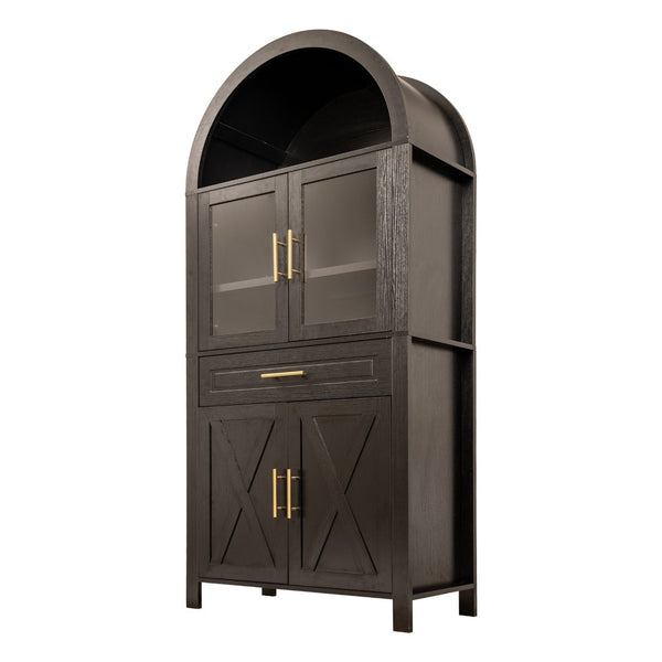 English Elm 71" Arched Glass Barn Door Pantry Cabinet Farmhouse Mdf Storage for Kitchen Dining Black W2917S00016