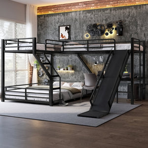 English Elm L-Shaped Triple Bunk Bed With Slide & Usb Ports - Space-Saving Metal Design For Modern Families W1580S00276