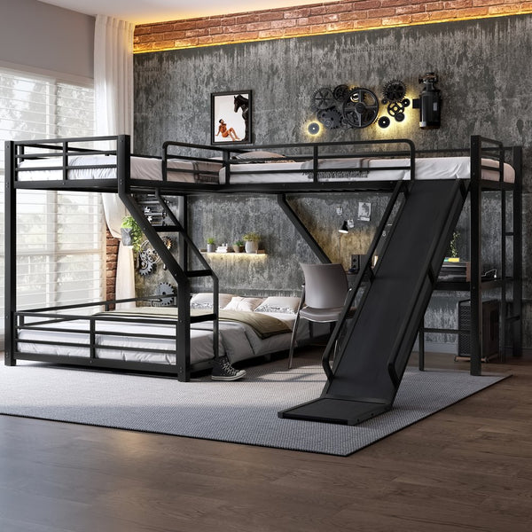 English Elm L-Shaped Triple Bunk Bed With Slide & Usb Ports - Space-Saving Metal Design For Modern Families W1580S00276