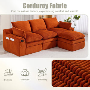English Elm L Shaped Corduroy Modular Sectional with Cloud Cushions Footstool and Lumbar Pillows Orange W395S00137
