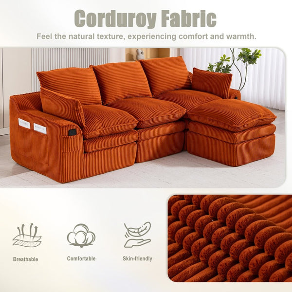 English Elm L Shaped Corduroy Modular Sectional with Cloud Cushions Footstool and Lumbar Pillows Orange W395S00137