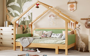 English Elm Twin Pine Treehouse Floor Bed with Padded Rails and Cabin Roofline for Kids Green W1580S00384