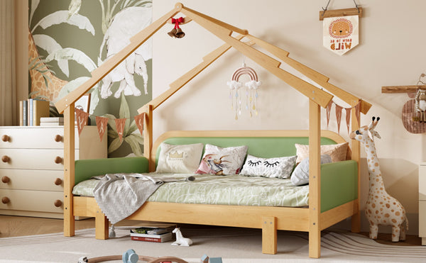 English Elm Twin Pine Treehouse Floor Bed with Padded Rails and Cabin Roofline for Kids Green W1580S00384