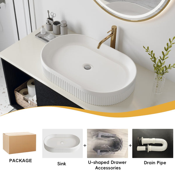 English Elm 39.4 Inch Floating Bathroom Vanity Sintered Stone Top Solid Wood 2 Soft Close Drawers W3136S00076