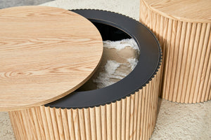 English Elm 2-piece Round Nesting Tables with Fluted Column Base Hidden Storage Oak Grain Finish Wood W3875P396797