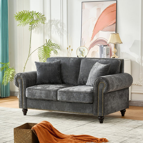 English Elm 63" Modern 2-Seater Sofa with Chenille Velvet, Rolled Arms, Nailhead Trim, Solid Wood Frame Durable Gray W3373S00019