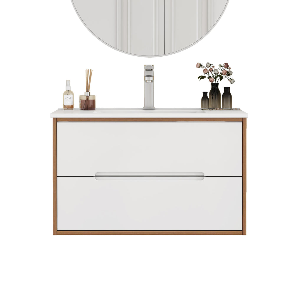 English Elm 32-Inch Wall-Mounted Bathroom Vanity With Sink Combo, Soft-Close Drawers, Modern Walnut Finish W3151S00049