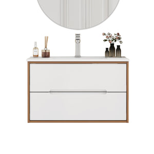 English Elm 32-Inch Wall-Mounted Bathroom Vanity With Sink Combo, Soft-Close Drawers, Modern Walnut Finish W3151S00049