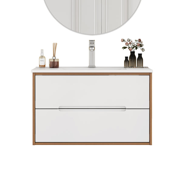 English Elm 32-Inch Wall-Mounted Bathroom Vanity With Sink Combo, Soft-Close Drawers, Modern Walnut Finish W3151S00049