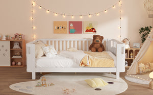 English Elm Queen Low Profile Pine Wood Kids Platform Bed with Guardrails and Rounded Safety Posts White W2593P409122