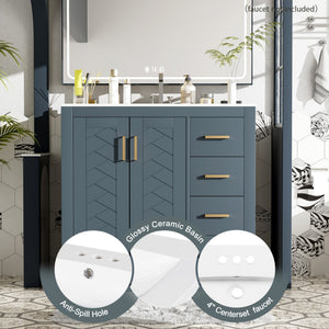 English Elm 36'' Bathroom Vanity with Ceramic Sink Combo Solid Wood Frame Soft-Closing Drawers Ample Storage Elegance Blue N710P243327C