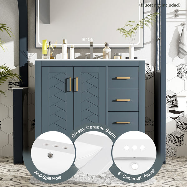 English Elm 36'' Bathroom Vanity with Ceramic Sink Combo Solid Wood Frame Soft-Closing Drawers Ample Storage Elegance Blue N710P243327C