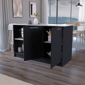 English Elm Mercury Kitchen Island with 59" Countertop, Dual Cabinets & Open Shelves — Modern Durable Finish B128S00037