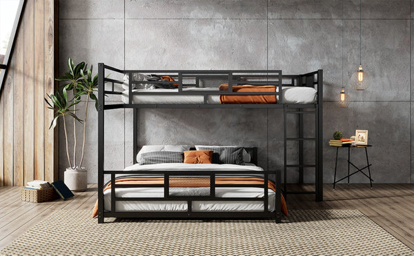 English Elm L-shaped Steel Twin Over Full Bunk Bed Corner Frame with Guardrails for Kids N750P196510B