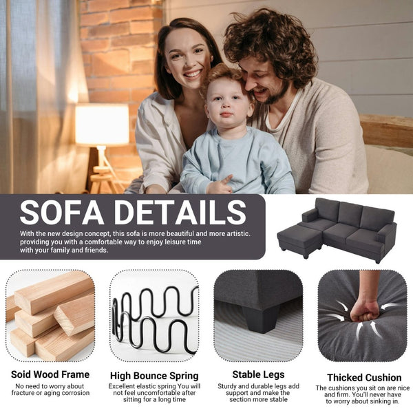 English Elm 86" Linen Sectional Sofa with Storage Ottoman Reversible Chaise for Small Spaces Dark Gray W1669S00038