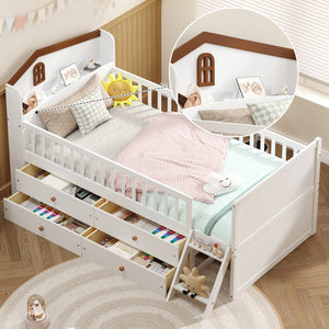 English Elm Twin Bed Frame with Storage Drawers and House Headboard, Kids Platform Bed with Guardrail Ladder and Shelf White 49.3 L x 16.25 W x 7.75 H N733S278032K