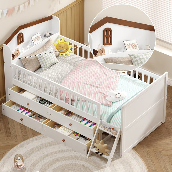 English Elm Twin Bed Frame with Storage Drawers and House Headboard, Kids Platform Bed with Guardrail Ladder and Shelf White 49.3 L x 16.25 W x 7.75 H N733S278032K