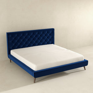 English Elm Ashcroft Furniture - Dillon Luxurious Blue Velvet King Platform Bed With Scrolled Headboard And Nailhead Trim Design B183S00093