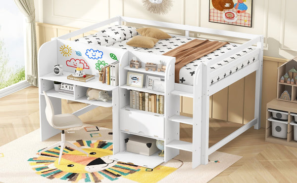 English Elm Full Size Low Loft Bed With Desk, Storage Solutions & Whiteboard For Creative Learning – White Finish N7090005005K