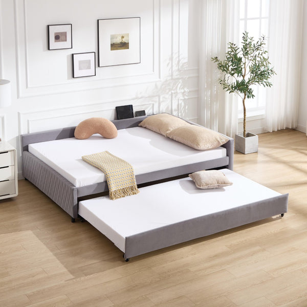 English Elm Upholstered Velvet Daybed with Pull Out Trundle Diamond Tufted Guest Bedroom Sofa Grey W1361S00067