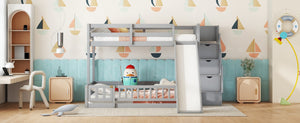 English Elm Twin Over Full Bunk Bed With Slide, Storage Staircase & Safety Guardrails - Grey Pine Design Fun! W504S00184-GIGA