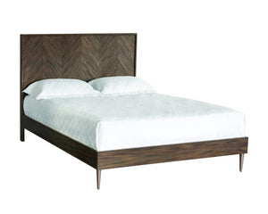 Sunpan GREYSON Queen Bed in Smoked Acacia - Handcrafted Chevron Headboard with Brass-Nickel Feet 102589