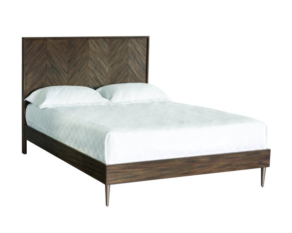 Sunpan GREYSON Queen Bed in Smoked Acacia - Handcrafted Chevron Headboard with Brass-Nickel Feet 102589