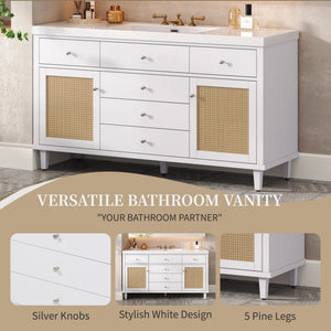 English Elm Christopher Knight Home® - 60" Modern Bathroom Vanity with Durable SMC Sink, Rattan Doors, Soft-Close Drawers, Pine Legs White N817P296130W