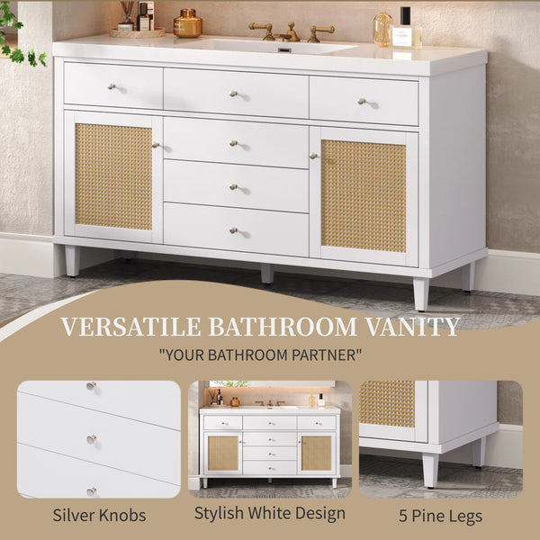 English Elm Christopher Knight Home® - 60" Modern Bathroom Vanity with Durable SMC Sink, Rattan Doors, Soft-Close Drawers, Pine Legs White N817P296130W
