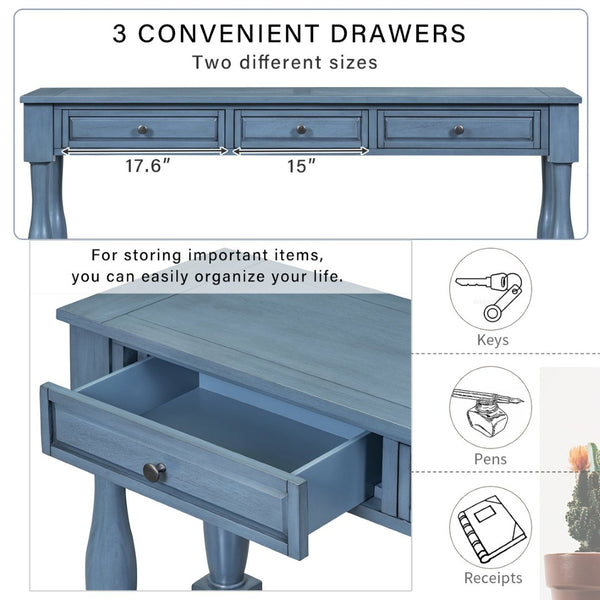 English Elm Trexm Distressed Entryway Console Table Three Drawers Open Shelf Mediterranean Wood Navy N715P372052M