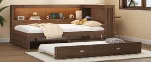 English Elm Full Pine Daybed with Trundle Sliding Storage Shelves Led Lighting and Usb Charging Wood GX004003AAD