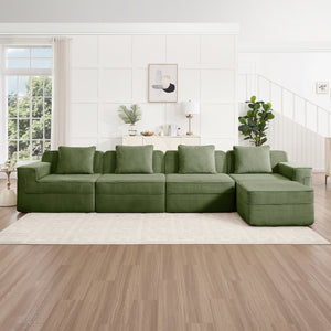 English Elm Modular L-Shaped Sectional Sofa In Plush Green Corduroy - Cloud-Like Comfort With Movable Ottoman & Pillows W3041S00335