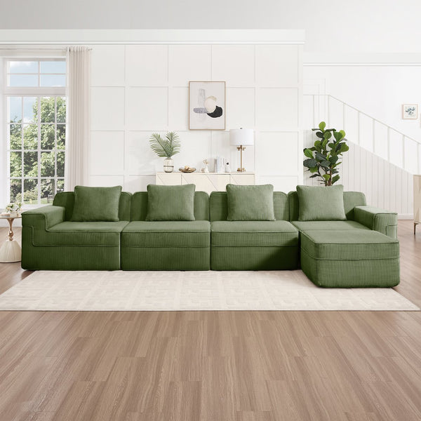 English Elm Modular L-Shaped Sectional Sofa In Plush Green Corduroy - Cloud-Like Comfort With Movable Ottoman & Pillows W3041S00335