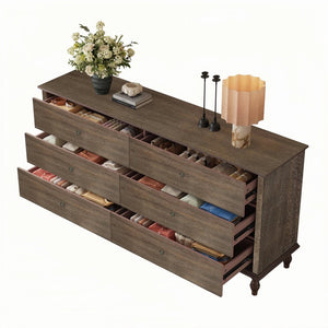 English Elm 6-drawer Wide Dresser Burnt Wood Grain Finish Copper Handles Roman Column Legs Bedroom Deep Rustic Brown W1445S00003