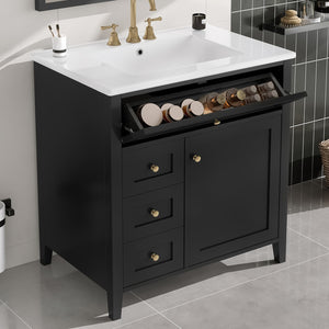 English Elm 30-Inch Contemporary Bathroom Vanity with Sink, MDF & Rubberwood, Glossy Finish, 3 Drawers + Cabinet Black N725P350819B
