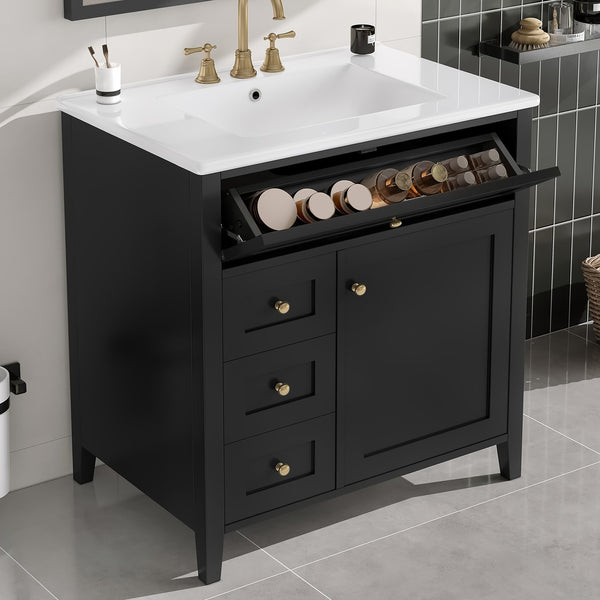 English Elm 30-Inch Contemporary Bathroom Vanity with Sink, MDF & Rubberwood, Glossy Finish, 3 Drawers + Cabinet Black N725P350819B