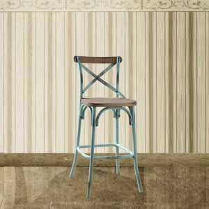 English Elm Antique Metal Frame Bar Chair with Wooden Seat and X Backrest, Vintage Dining Stool with Footrest Sky Blue 20.5 L x 44.5 W x 6.5 H B2741P325720
