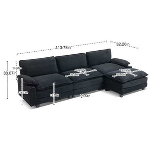 English Elm Modern Black Corduroy L-shaped Sectional with Ottoman for Spacious Living Rooms W2715P382263