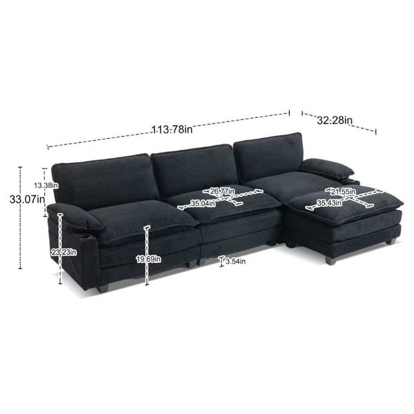 English Elm Modern Black Corduroy L-shaped Sectional with Ottoman for Spacious Living Rooms W2715P382263