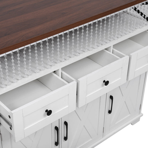 English Elm K&K 46.5'' Farmhouse Kitchen Island Cart with Beaded Drapes, Drop Leaf, Power Hub, Ample Storage White N707P254872W