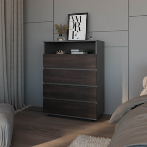 English Elm Stained Walnut Two-Tone 4-Drawer Dresser with Open Shelf — Matte Grey Accent, Modern Storage Appeal B062P357523