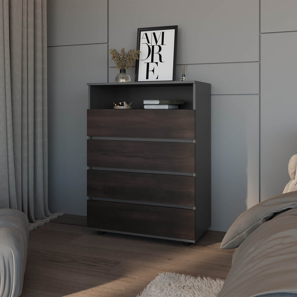 English Elm Stained Walnut Two-Tone 4-Drawer Dresser with Open Shelf — Matte Grey Accent, Modern Storage Appeal B062P357523